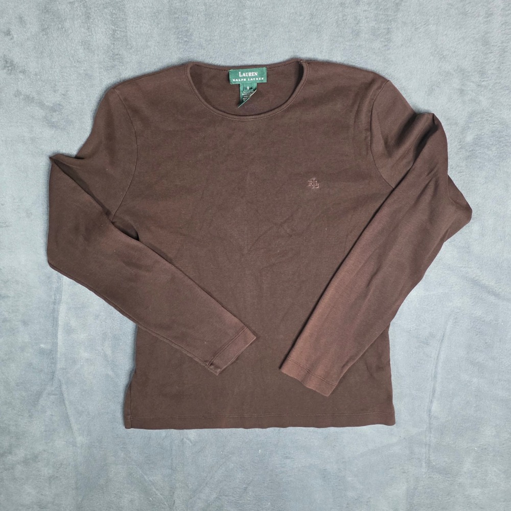 Lauren Ralph Lauren Womens Brown Ribbed Long Sleeve Crewneck Logo Top Size S